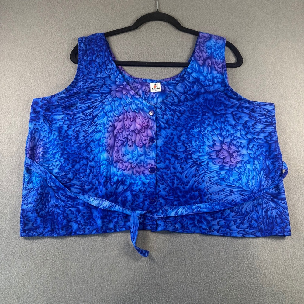 Rima Beachwear Blue Purple Abstract Print Button Front Tie Waist Crop Top XL